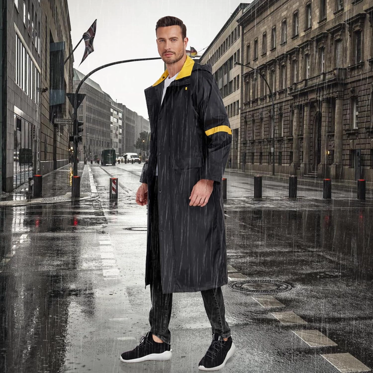 Ourcan Classic Long Raincoat for Men Waterproof Hooded Rain Jacket Poncho Breathable Lightweight Rainwear for Work Fishing