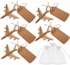 Pack of 25 Airplane Bottle Opener with White Sheer Favor Bag Kraft Escort Card Wedding Favor Baby Shower Return Gifts Travel Theme Party Favor Let the Adventure Begin