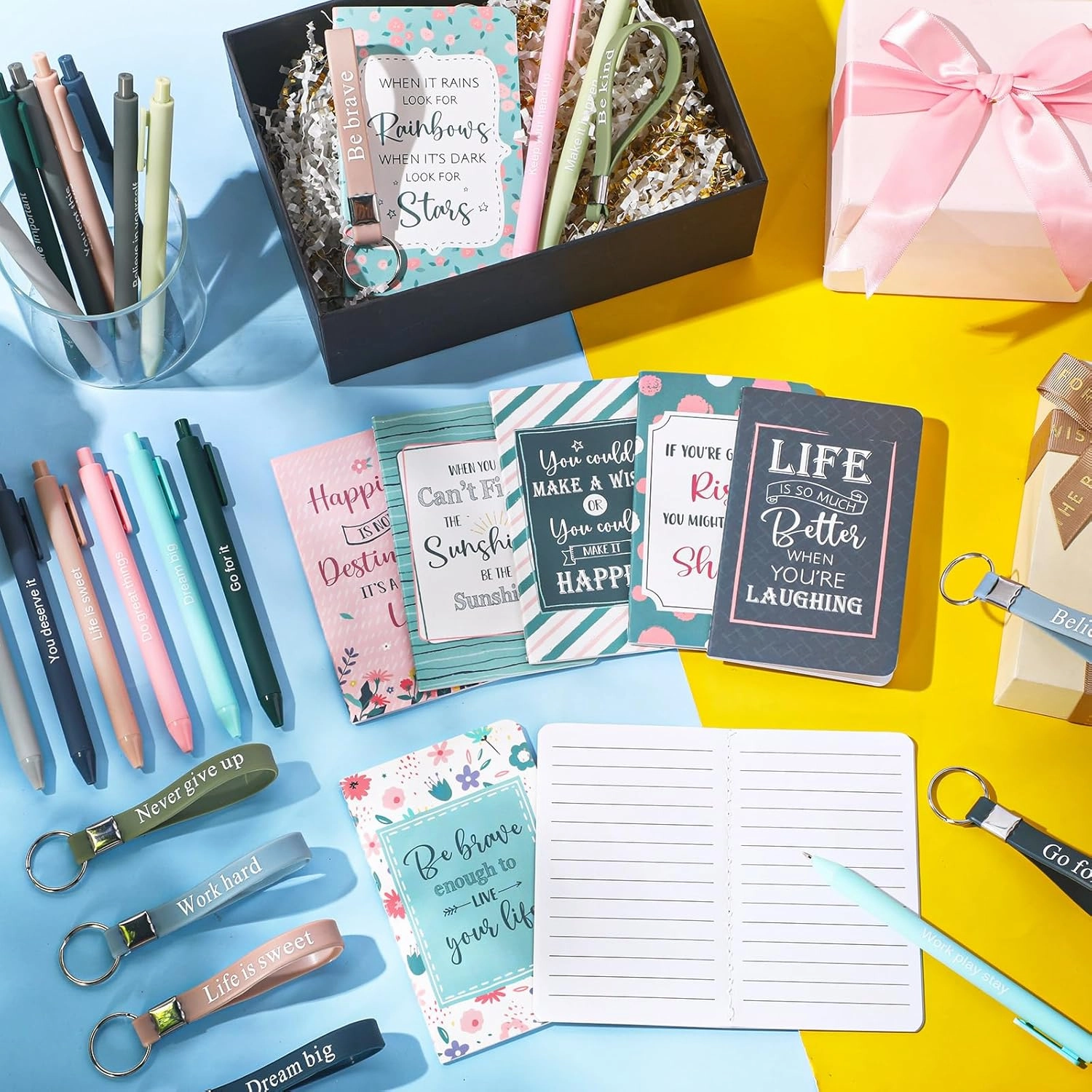 PerKoop 48 Pcs Inspirational Gifts Bulk Motivational Notepads Ballpoint Pens Keychains Set Classic Notebook Journal Lined for Teachers School Office Party Favor Supplies