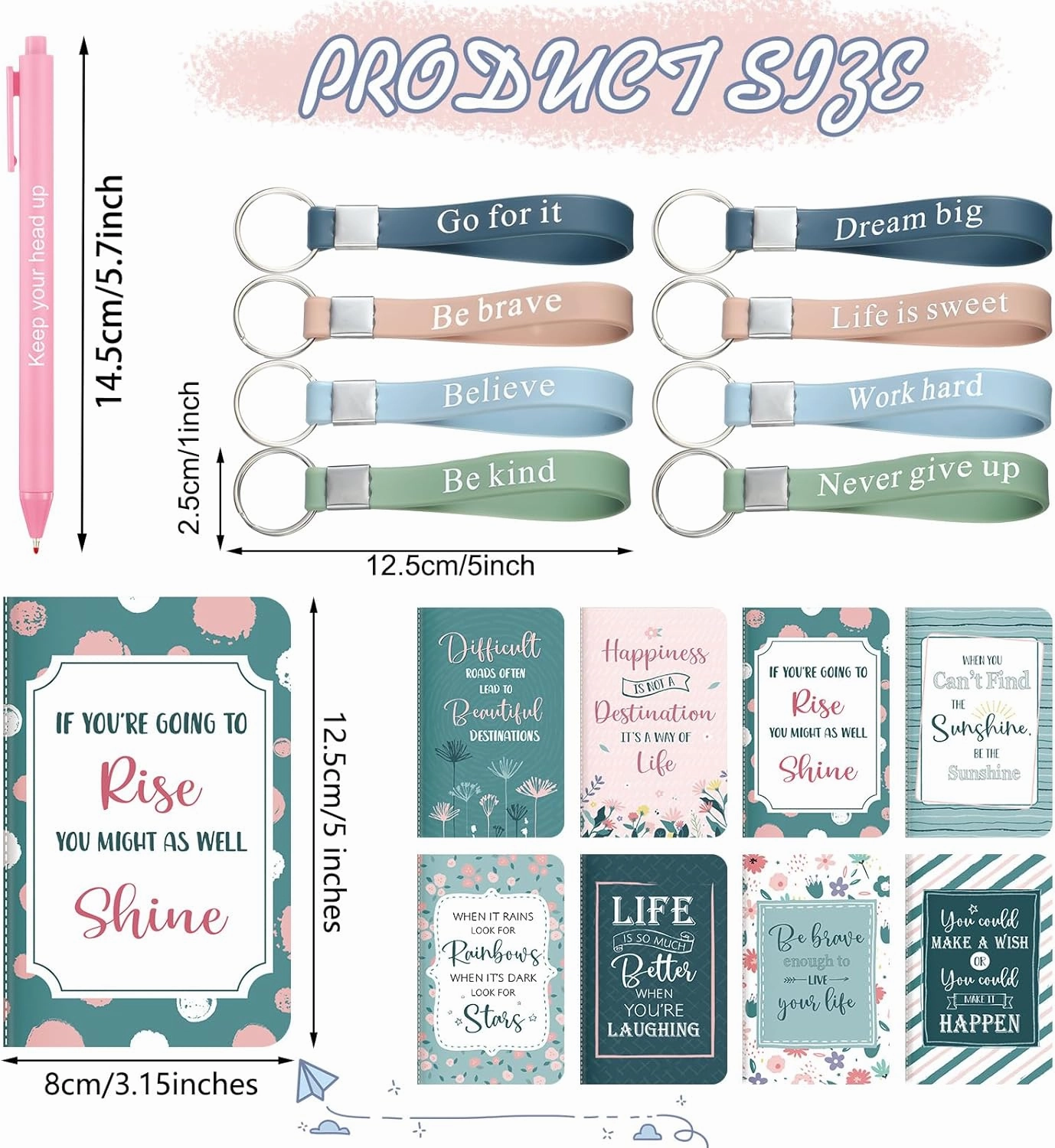 PerKoop 48 Pcs Inspirational Gifts Bulk Motivational Notepads Ballpoint Pens Keychains Set Classic Notebook Journal Lined for Teachers School Office Party Favor Supplies