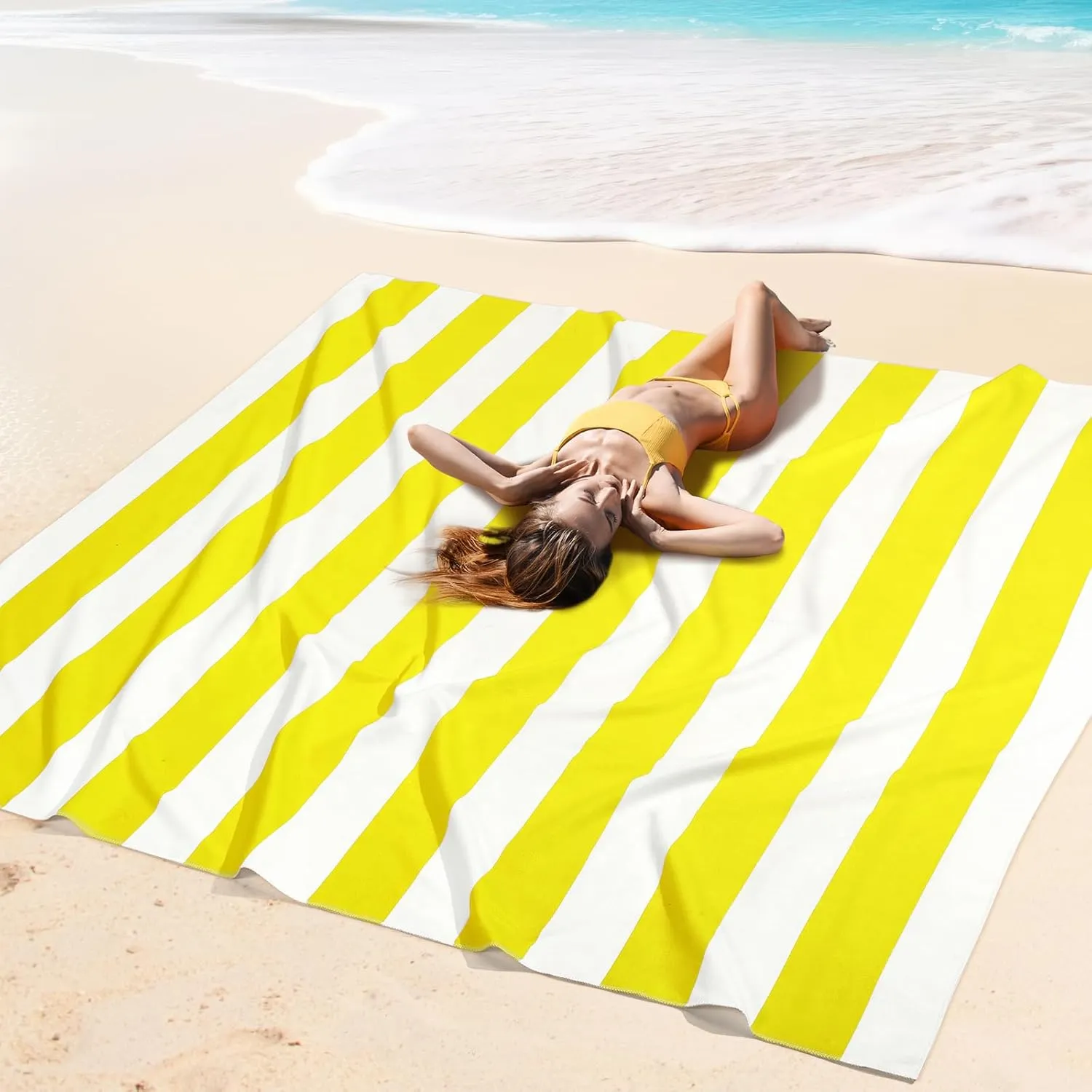 Peryiter Checkered Giant Beach Blanket 71 x 71 Inch Oversized Sandproof Towel Stripe Microfiber Quick Dry Lightweight Huge Blanket for Summer Hawaii Beach Travel Essentials Accessories(Yellow)