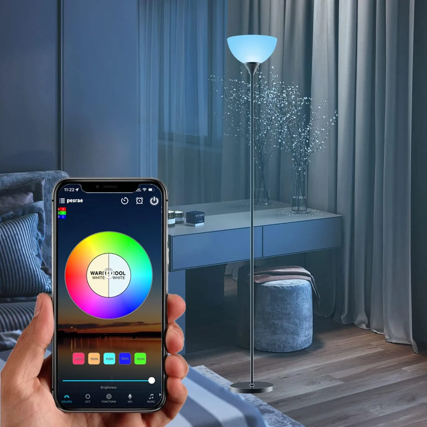 PESRAE Smart RGB Floor Lamp - Compatible with Alexa, Google Assistant WiFi App, Modern Color Changing, Dimmable for Living Room, Bedroom and Play Room