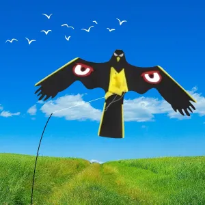 PESTEZE Black Flying Hawk 54 x 30 Inch Kite with Scare Eyes & 13 ft Flagpole to Deter Pest Birds. Use in Yards & Farms to Protect Vegetables, Fruits, Crops & Property fom Birds Without Harming Them