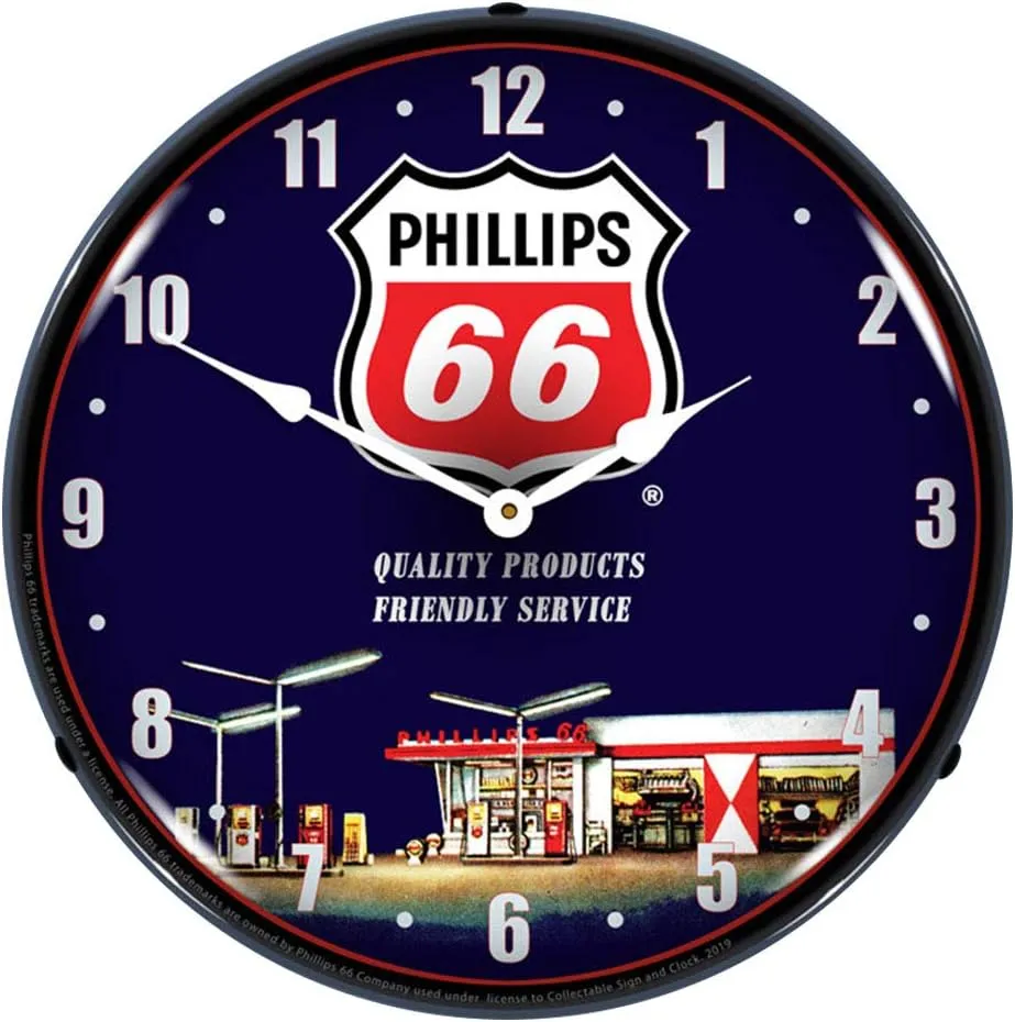 Phillips 66 Gas Station 1 LED Wall Clock, Retro/Vintage, Lighted, 14 inch