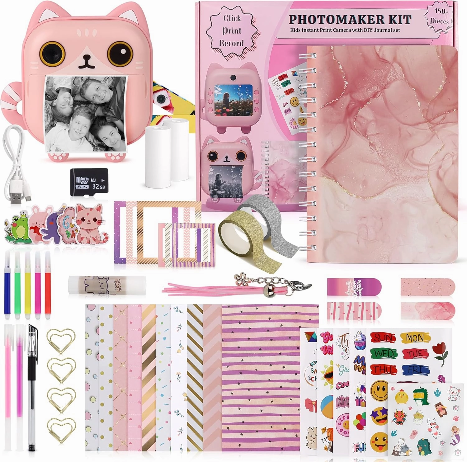 Photomaker Kit - Instant Print Camera for Kids Plus DIY Journal Kit for Girls - 150 Pcs Tween Journal & Camera for Girls - 6 7 8 9 10 11 12 13 14 Year Old Girl (Cat)