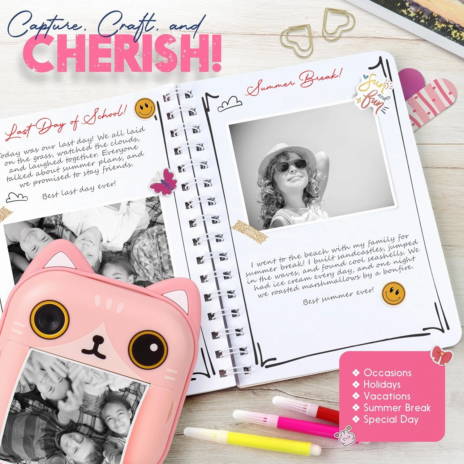 Photomaker Kit - Instant Print Camera for Kids Plus DIY Journal Kit for Girls - 150 Pcs Tween Journal & Camera for Girls - 6 7 8 9 10 11 12 13 14 Year Old Girl (Cat)
