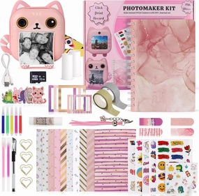 Photomaker Kit - Instant Print Camera for Kids Plus DIY Journal Kit for Girls - 150 Pcs Tween Journal & Camera for Girls - 6 7 8 9 10 11 12 13 14 Year Old Girl (Cat)