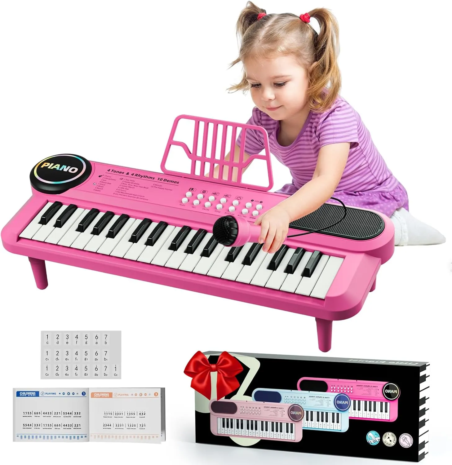 Pink Kids Piano Keyboard with Microphone 37 Keys Portable Electronic Keyboards for Beginners, Portable Instrument with Microphone Musical Toy for 3 4 5 6 Year Old Girls Boys