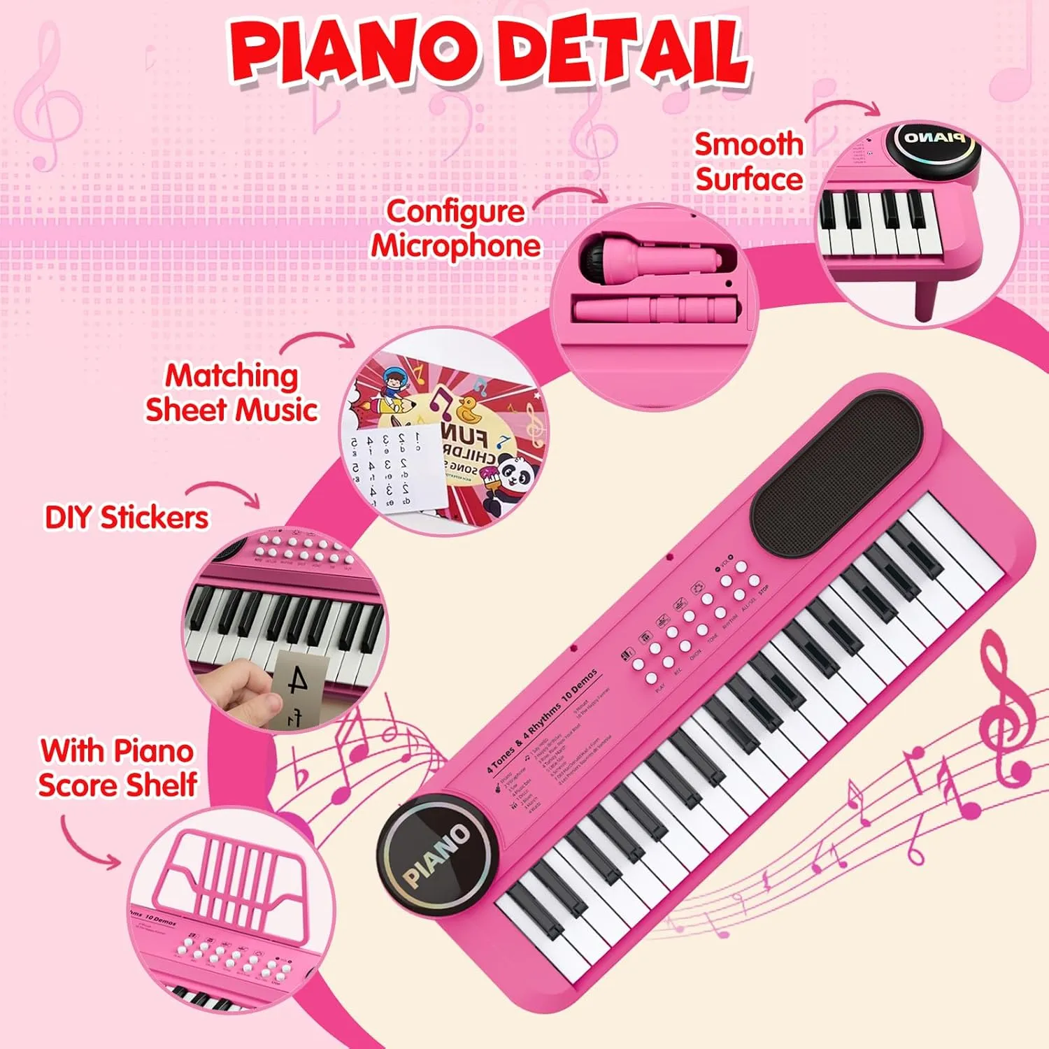 Pink Kids Piano Keyboard with Microphone 37 Keys Portable Electronic Keyboards for Beginners, Portable Instrument with Microphone Musical Toy for 3 4 5 6 Year Old Girls Boys