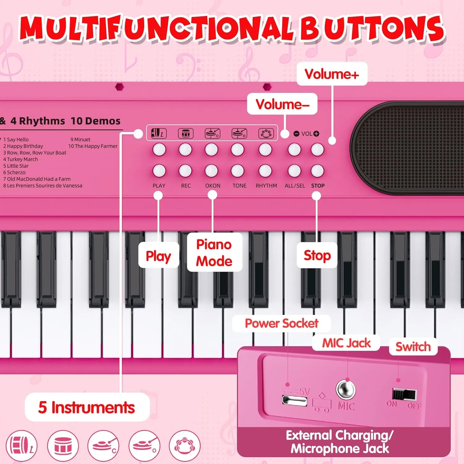 Pink Kids Piano Keyboard with Microphone 37 Keys Portable Electronic Keyboards for Beginners, Portable Instrument with Microphone Musical Toy for 3 4 5 6 Year Old Girls Boys