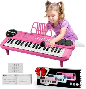 Pink Kids Piano Keyboard with Microphone 37 Keys Portable Electronic Keyboards for Beginners, Portable Instrument with Microphone Musical Toy for 3 4 5 6 Year Old Girls Boys