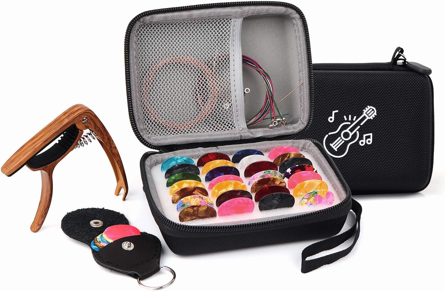 PlasMaller Guitar Picks Holder Case Bag Set, included Upgrade Capo   Guitar Strings   30pcs Acoustic Electric Guitar Colorful Picks   Little Picks Holder (Black)