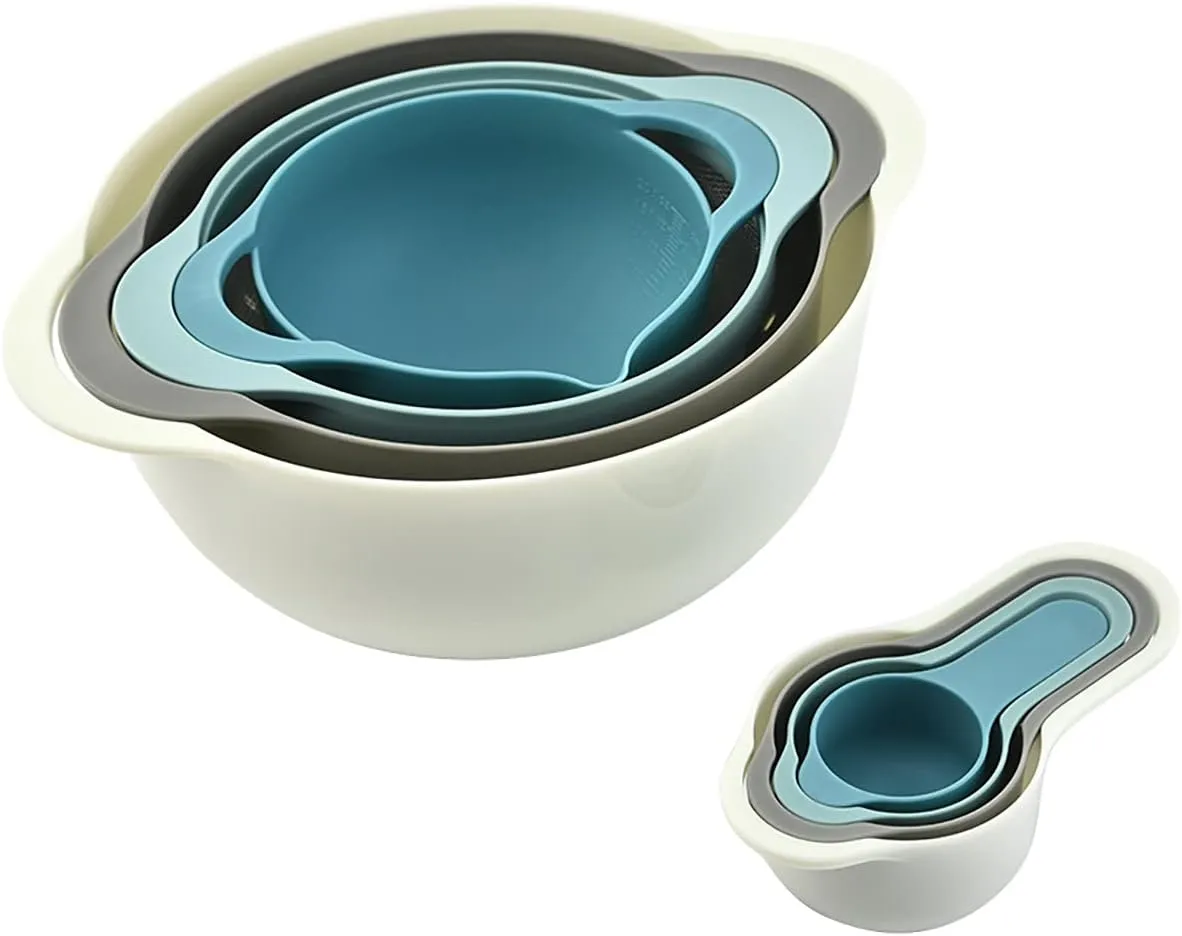 Plastic Nesting Bowls Set with 2 Mixing bowls,Colanders,4 Measuring Cups,Sifter for Baking,Food Prep,RV Camping Accessories,8 Pieces