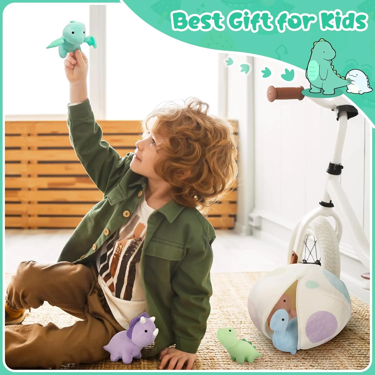 Plush Dinosaur Stuffed Animals, 5 PCS Dino Plush Toys and Egg Bag Set, Cute Small Dinosaur Plushie Toy for Kids Toddlers Boys, Birthday, Dino Party Favors