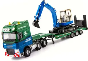 POCO DIVO Diecast 2pcs Alloy Forge Construction Vehicle Play Set 1/50, Semi-Truck Trailer, Crawler Excavator, Metal Tractor Model, Action Toy Track Backhoe Loader, Kids Boys STEM Gifts Adult Hobby