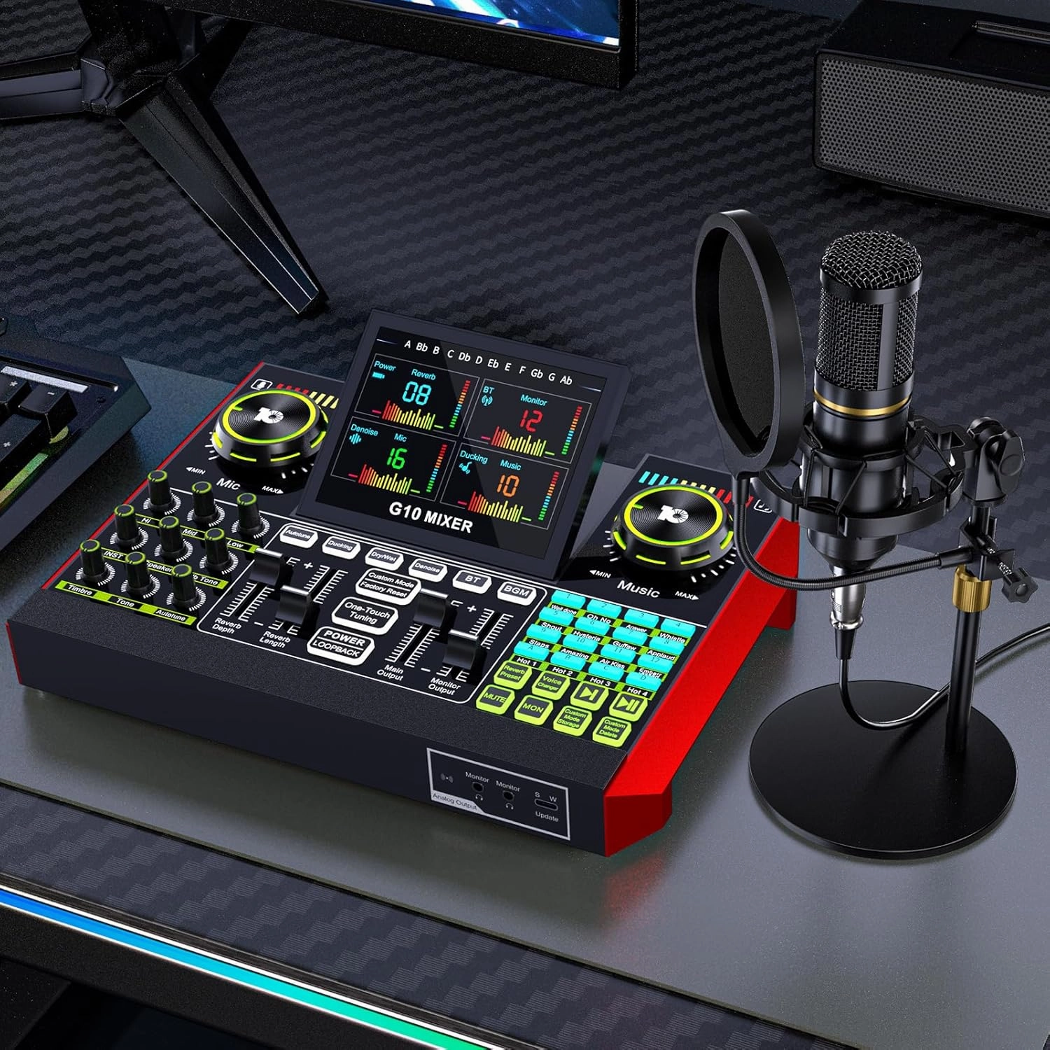 Podcast Microphone Bundle with Live Sound Card Audio Mixer, Podcast Equipment Bundle with 3.5mm Condenser Microphone for Pc/Phone Live Streaming Singing Gaming, Sound Board with Voice Changer, Denoise