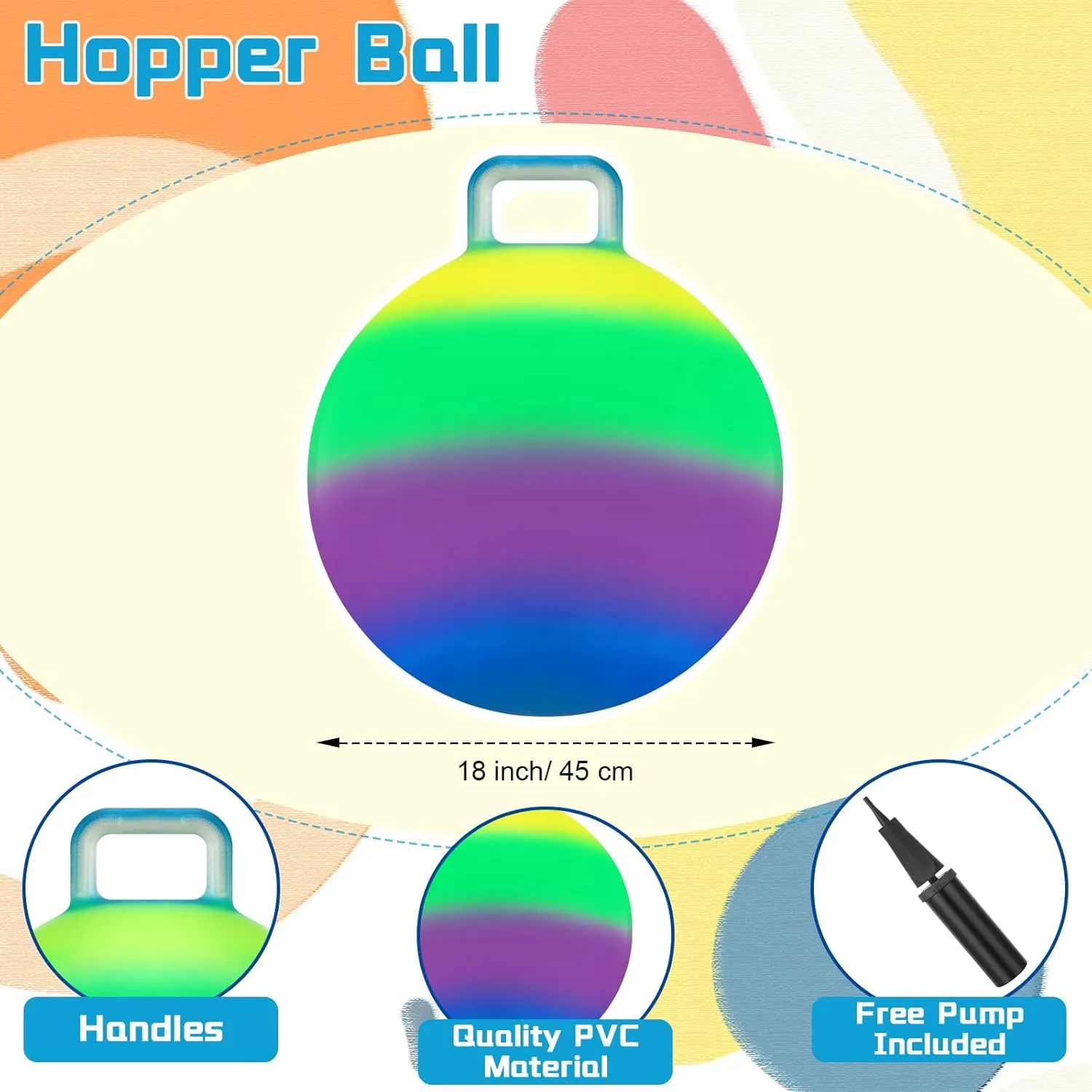 Poen 2 Pcs Bouncing Ball with Handle, Hopper Jumping Hopping Ball with Air Pump for Games(18 Inch,Colorful)