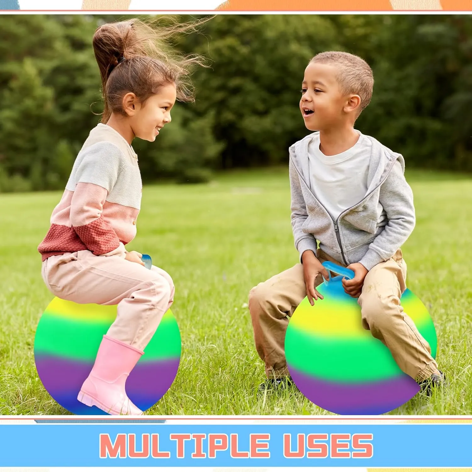 Poen 2 Pcs Bouncing Ball with Handle, Hopper Jumping Hopping Ball with Air Pump for Games(18 Inch,Colorful)