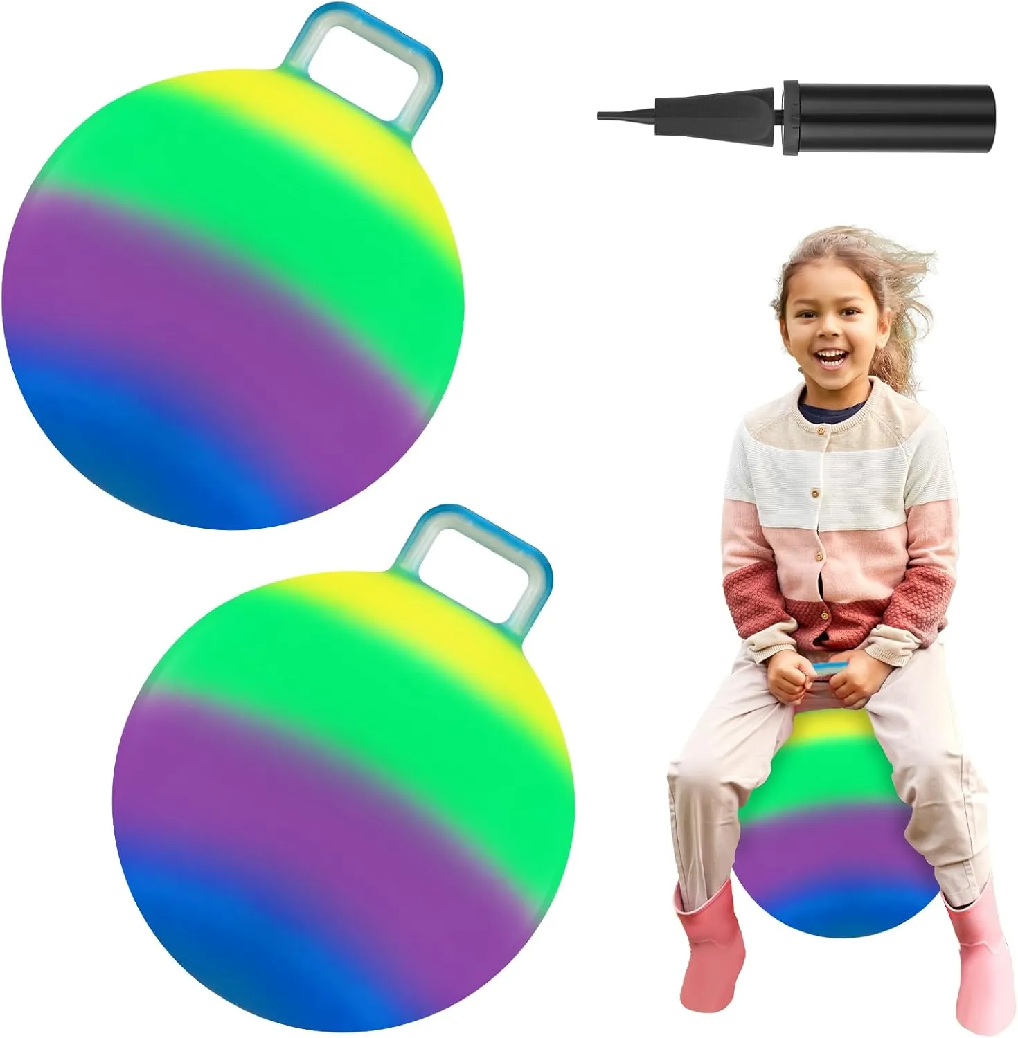 Poen 2 Pcs Bouncing Ball with Handle, Hopper Jumping Hopping Ball with Air Pump for Games(18 Inch,Colorful)