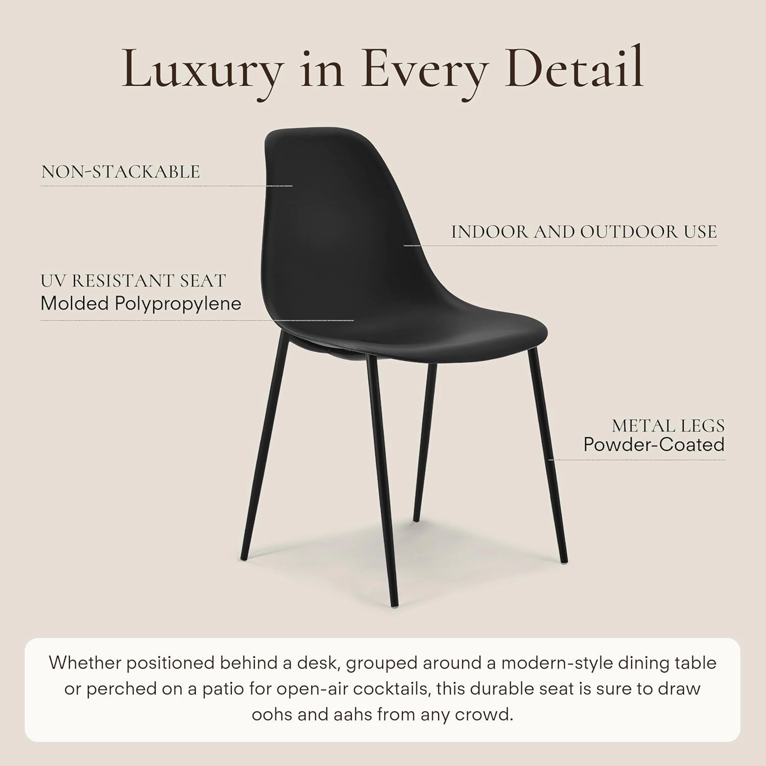 POLY & BARK Isla Modern Kitchen Chairs Set of 4 - Plastic Dining Chair with Metal Legs - Quick Assembly Simple Cafe Chairs Plastic for Indoor or Outdoor - Ebony Black
