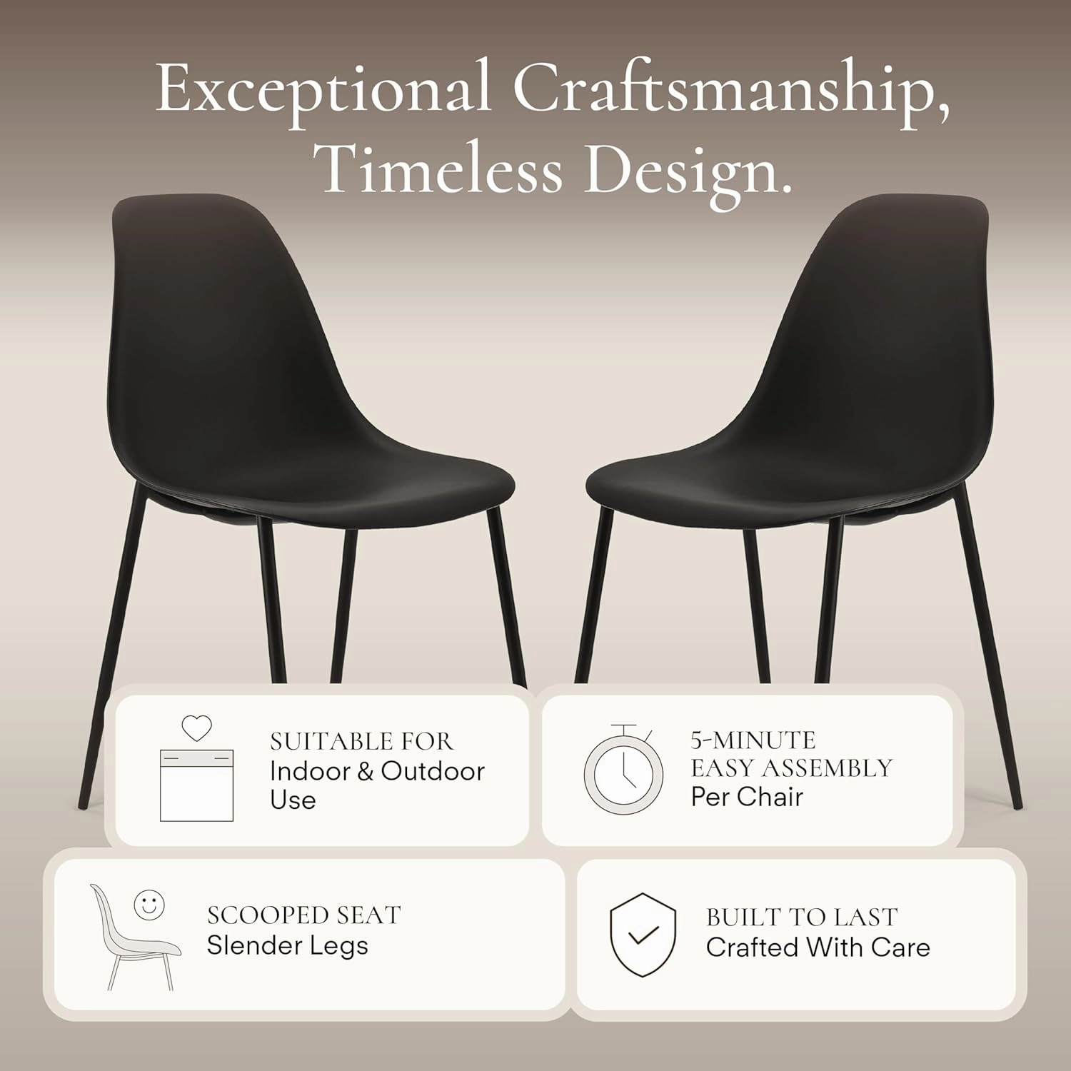POLY & BARK Isla Modern Kitchen Chairs Set of 4 - Plastic Dining Chair with Metal Legs - Quick Assembly Simple Cafe Chairs Plastic for Indoor or Outdoor - Ebony Black