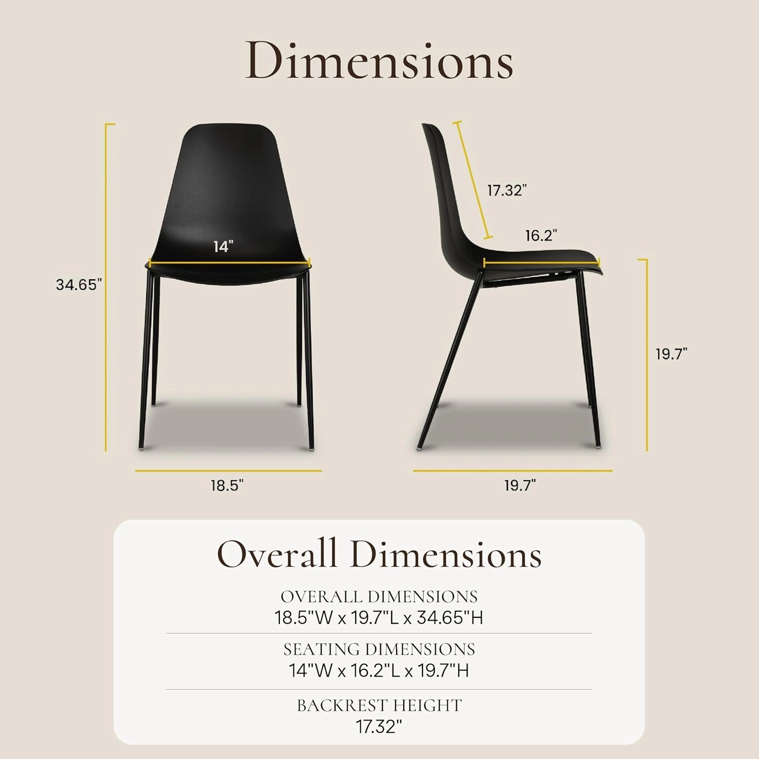 POLY & BARK Isla Modern Kitchen Chairs Set of 4 - Plastic Dining Chair with Metal Legs - Quick Assembly Simple Cafe Chairs Plastic for Indoor or Outdoor - Ebony Black