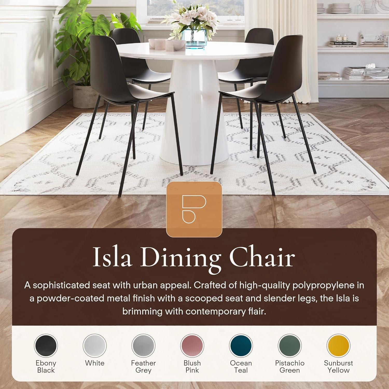 POLY & BARK Isla Modern Kitchen Chairs Set of 4 - Plastic Dining Chair with Metal Legs - Quick Assembly Simple Cafe Chairs Plastic for Indoor or Outdoor - Ebony Black