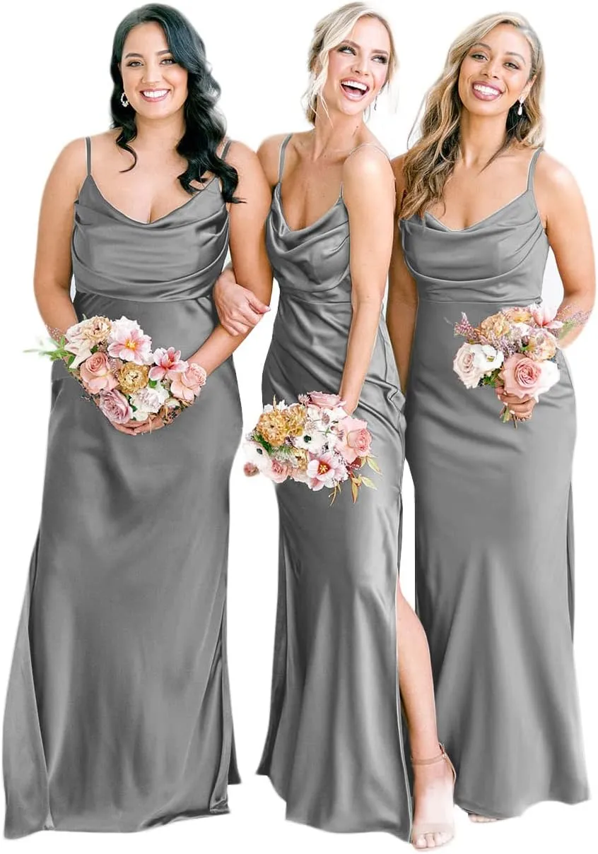 POMUYOO Satin Bridesmaid Dresses for Women Long Spagheti Straps Cowl Neck Formal Evening Gown with Slit
