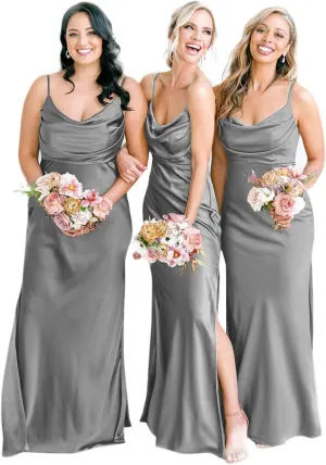 POMUYOO Satin Bridesmaid Dresses for Women Long Spagheti Straps Cowl Neck Formal Evening Gown with Slit