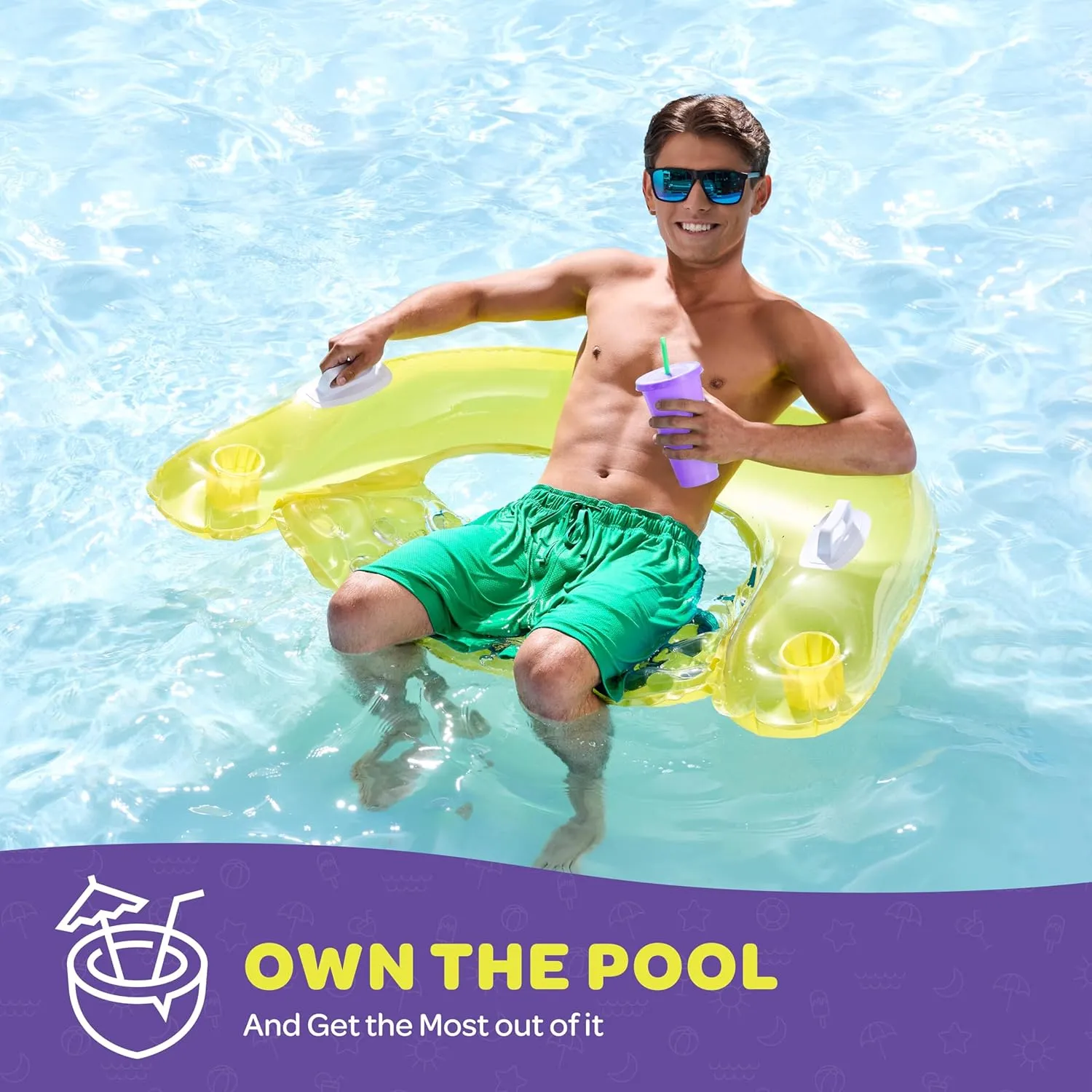 Pool Floats Adult Inflatable Chair Floats with Cup Holders & Handles - Happy Colorful Pool Floaties - Pool Float Comes in 2 Fun Colors, A Relaxing Floats for Swimming Pool.