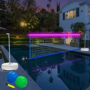 Pool Volleyball Net Set with Solar Colorful Lights, Portable Outdoor LED Light Up Volleyball Net for Pool 15ft-32ft Adjustable Length, Inground Pool Water Volleyball Game Set for Adults Kids.