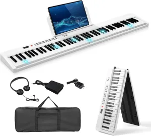 Portable Piano 88-Key Semi-Weighted Keyboard Folding Digital MIDI Bluetooth Electric Piano with Handbag，Headphone，for Piano Lover White