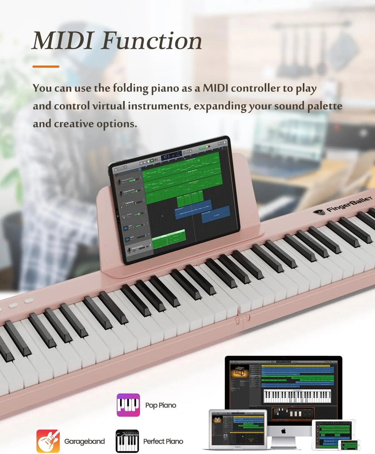 Portable Piano Keyboard, Semi-Weighted Folding Digital Piano 88 Key, Full Size, Wood Grain, Electric Piano Keyboard w/MIDI Bluetooth, Suitable for Adult, Toddler, Kids