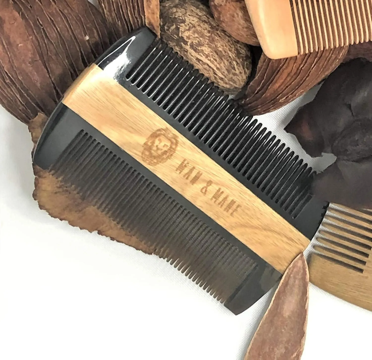 Premium Natural Ox horn and Sandalwood Beard Comb Dual-Action | Double Sided Beard & Mustache Comb with Brown Protective Case | Perfect Grooming Companion & Gift for Men – by Man & Mane