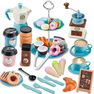 Pretend Tea Party Set for Little Girls, 41 PCS Coffee Maker Set and Play Food Dessert Set for Kids Age 3 4 5 6 7 8 9, Kids Kitchen Pretend Play for Princess Girls Boys