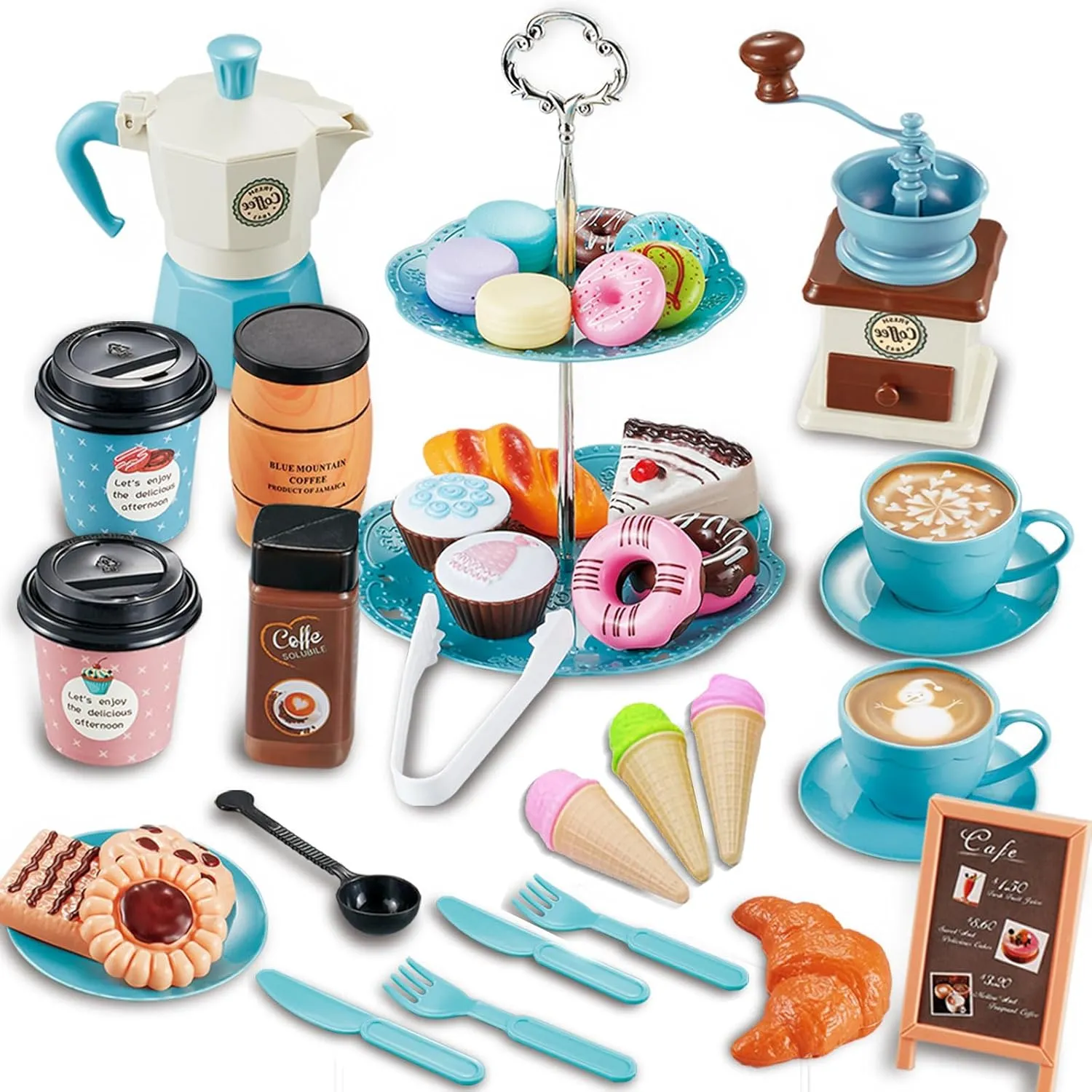 Pretend Tea Party Set for Little Girls, 41 PCS Coffee Maker Set and Play Food Dessert Set for Kids Age 3 4 5 6 7 8 9, Kids Kitchen Pretend Play for Princess Girls Boys