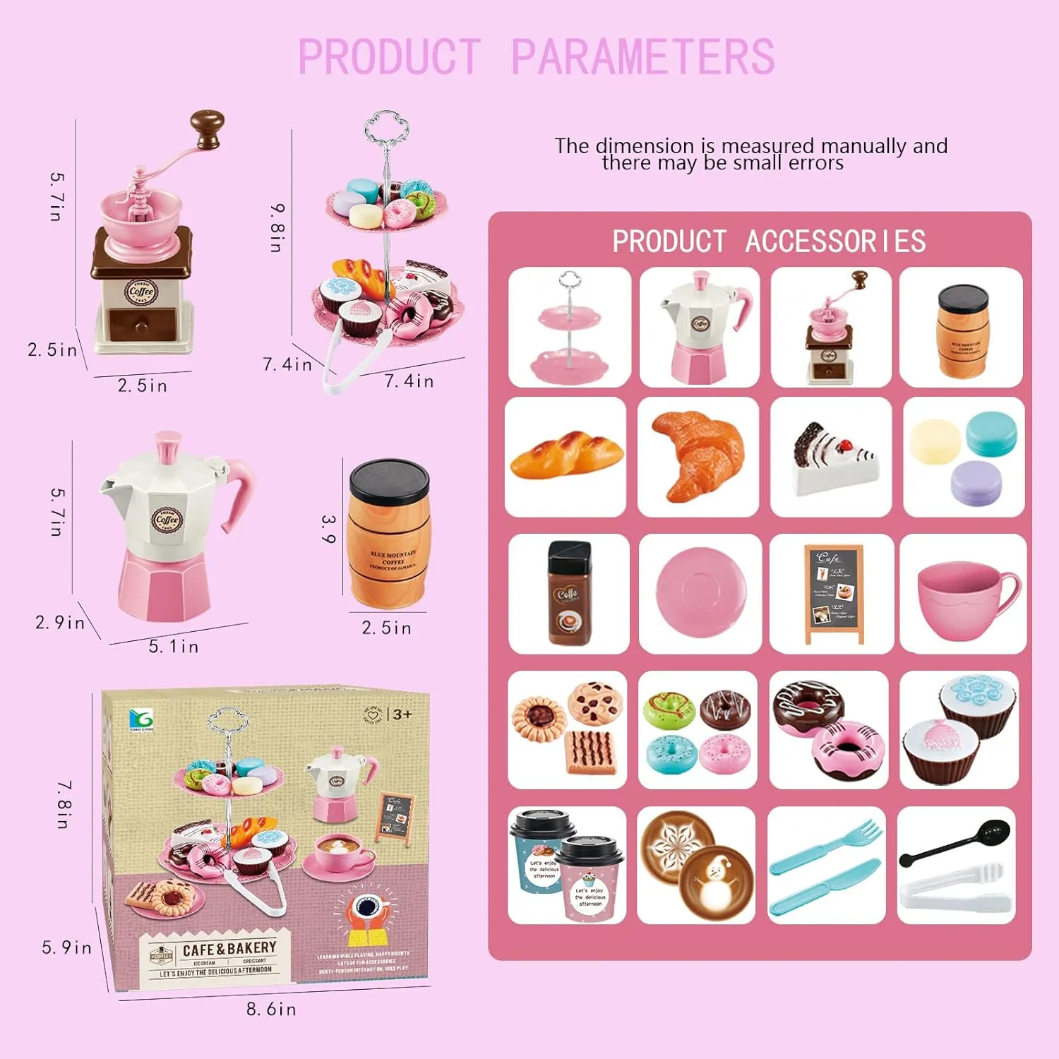Pretend Tea Party Set for Little Girls, 41 PCS Coffee Maker Set and Play Food Dessert Set for Kids Age 3 4 5 6 7 8 9（Pink）