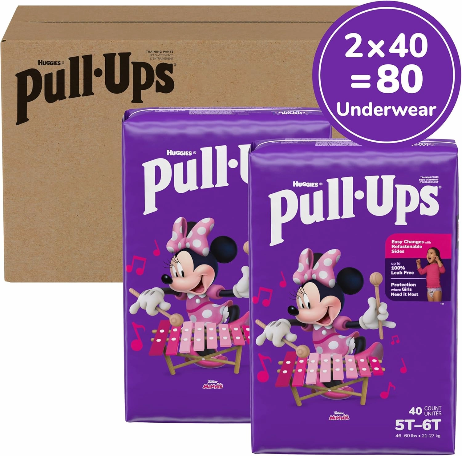 Pull-Ups Girls' Potty Training Pants, Size 5T-6T Training Underwear (46  lbs), 80 Count (2 Packs of 40)