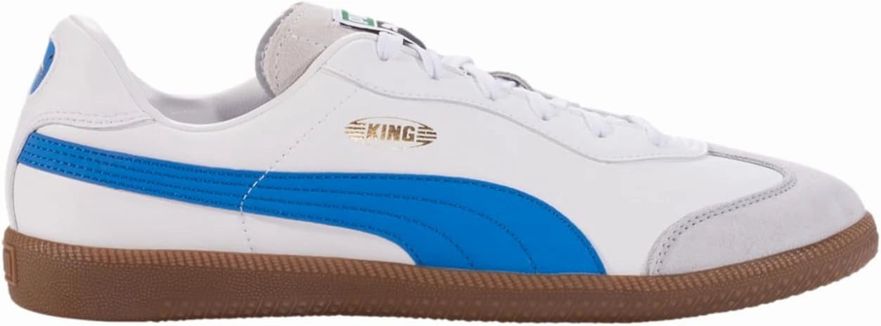 PUMA King 21 Men's Indoor Soccer Shoes - Classic Style, Modern Functionality, Soft Leather Upper, Rubber Outsole (White/Bluemazing, US 9.5)