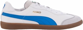 PUMA King 21 Men's Indoor Soccer Shoes - Classic Style, Modern Functionality, Soft Leather Upper, Rubber Outsole (White/Bluemazing, US 9.5)
