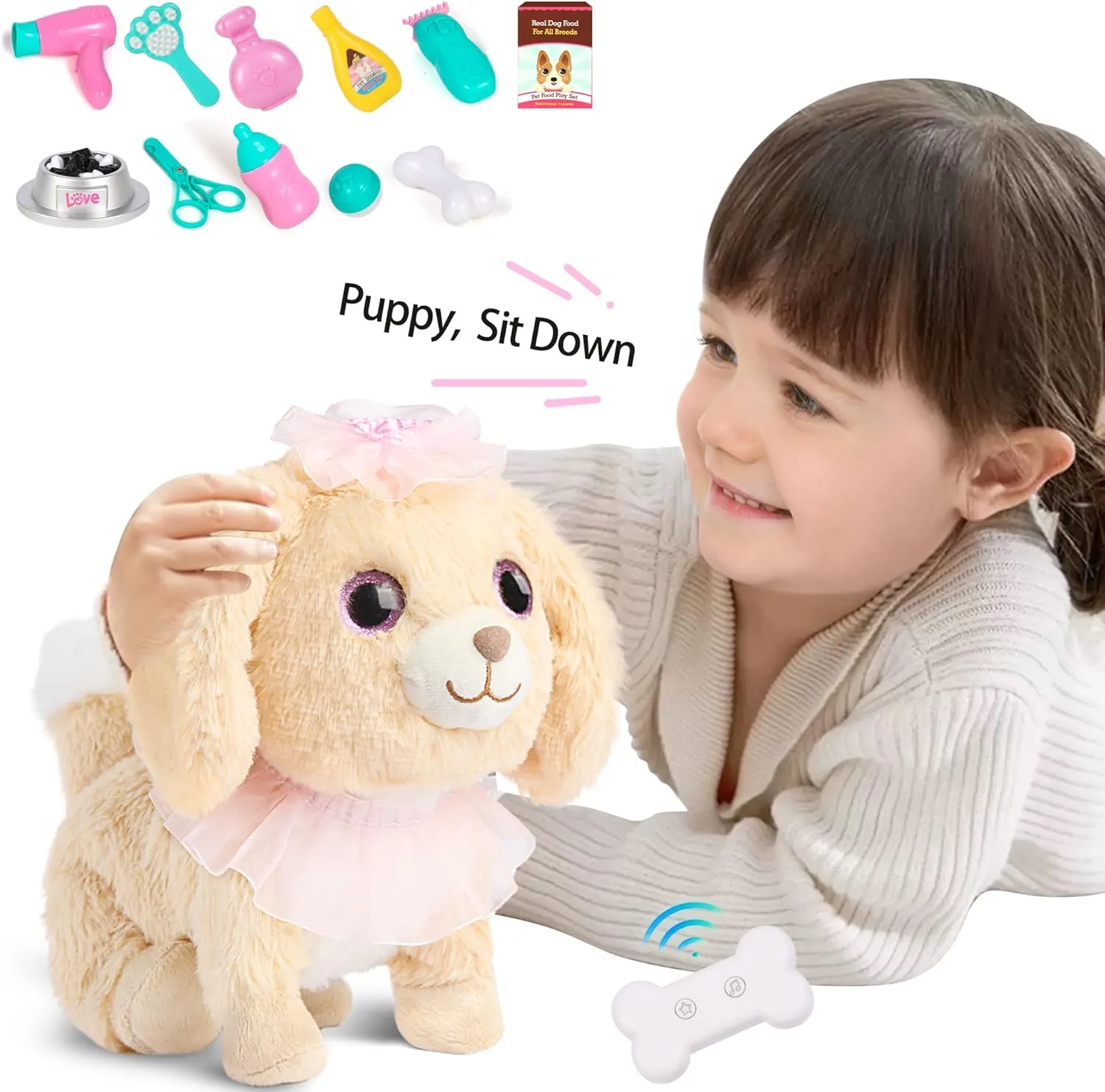 Puppy Dog Toy for Girls 3 , Voice Activate, Walking, Sitting, Barking Golden Retriever Interactive Puppy with Accessories, Realistic Stuffed Animal Gift for Girls 3-6 Years Old