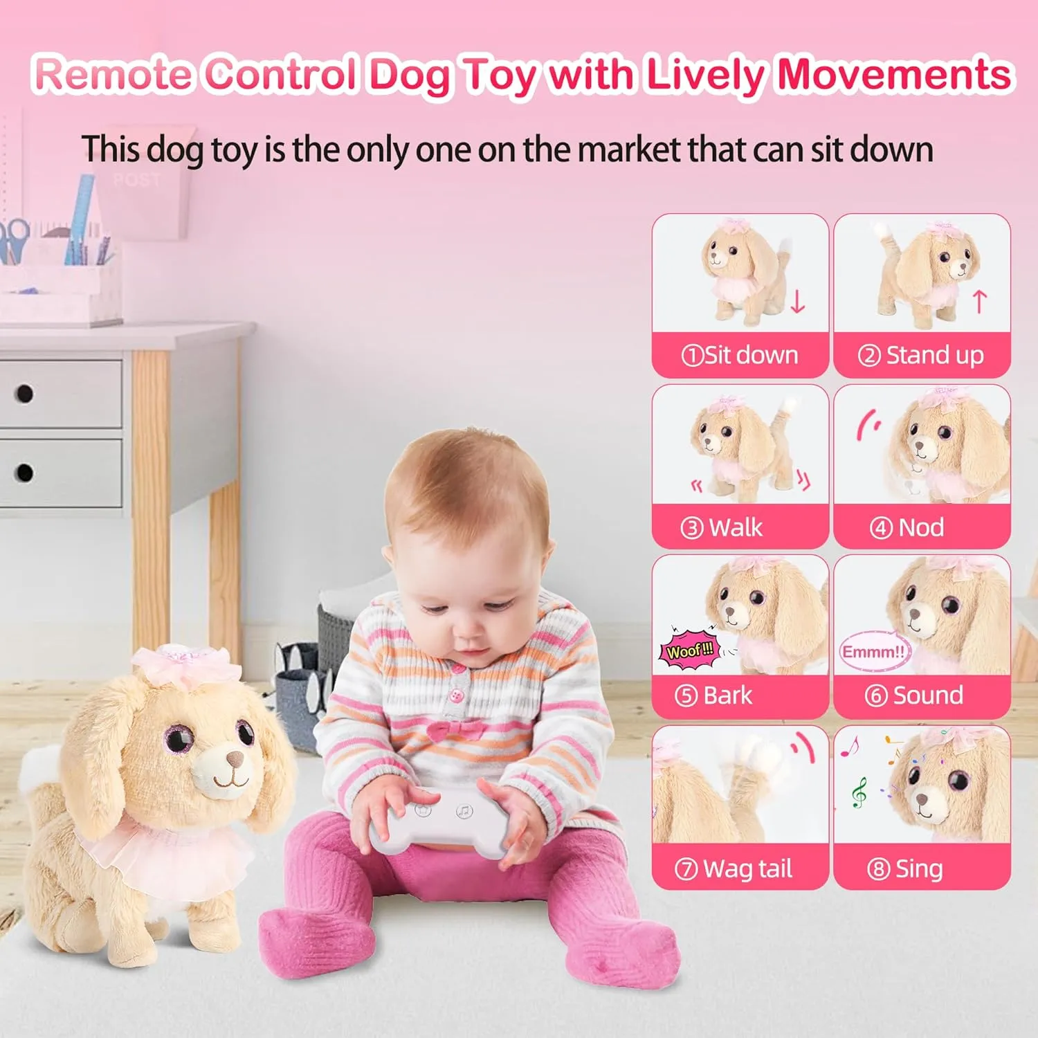 Puppy Dog Toy for Girls 3 , Voice Activate, Walking, Sitting, Barking Golden Retriever Interactive Puppy with Accessories, Realistic Stuffed Animal Gift for Girls 3-6 Years Old