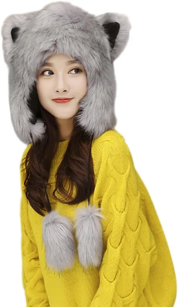PURFUN Colorful Faux Fur Earflap Hats with Cat Ear, Adults Animal Theme Wolf Hooded Hat Cosplay Halloween Costume Caps