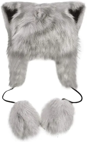 PURFUN Colorful Faux Fur Earflap Hats with Cat Ear, Adults Animal Theme Wolf Hooded Hat Cosplay Halloween Costume Caps