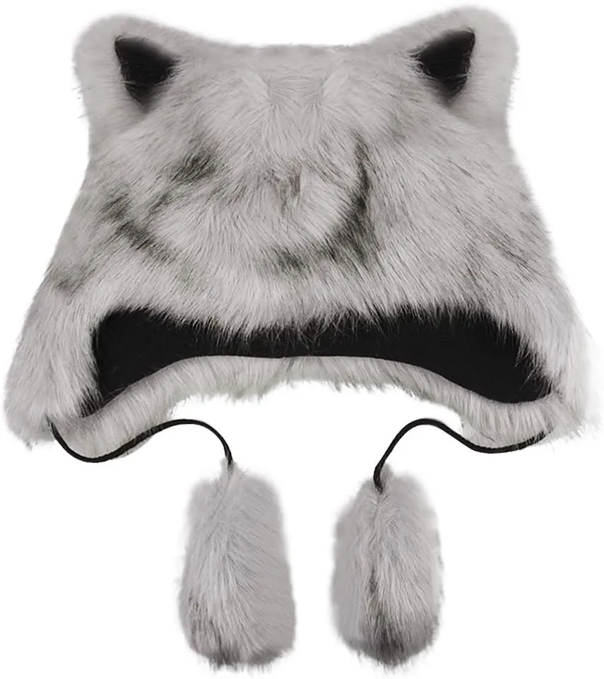 PURFUN Colorful Faux Fur Earflap Hats with Cat Ear, Adults Animal Theme Wolf Hooded Hat Cosplay Halloween Costume Caps