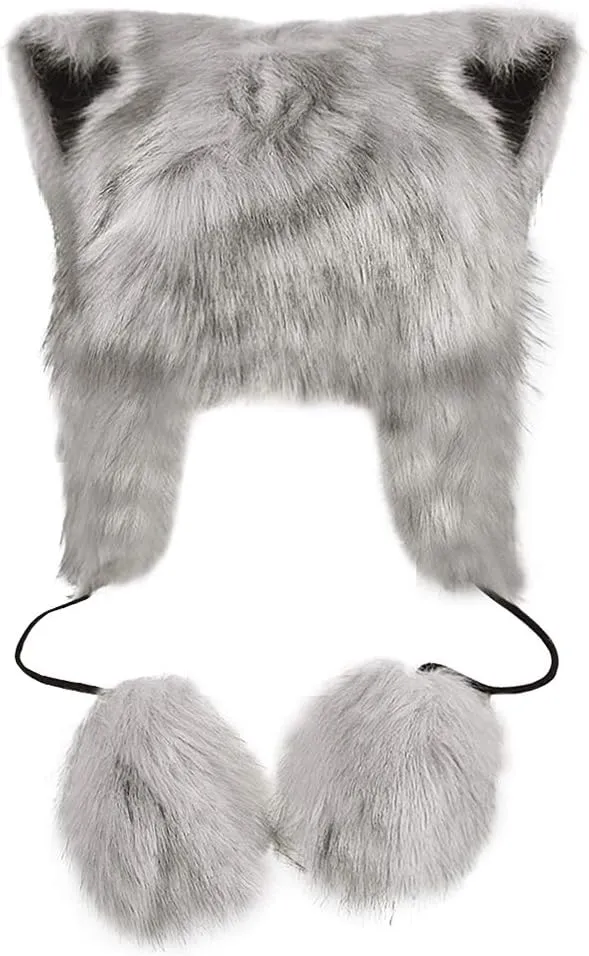 PURFUN Colorful Faux Fur Earflap Hats with Cat Ear, Adults Animal Theme Wolf Hooded Hat Cosplay Halloween Costume Caps