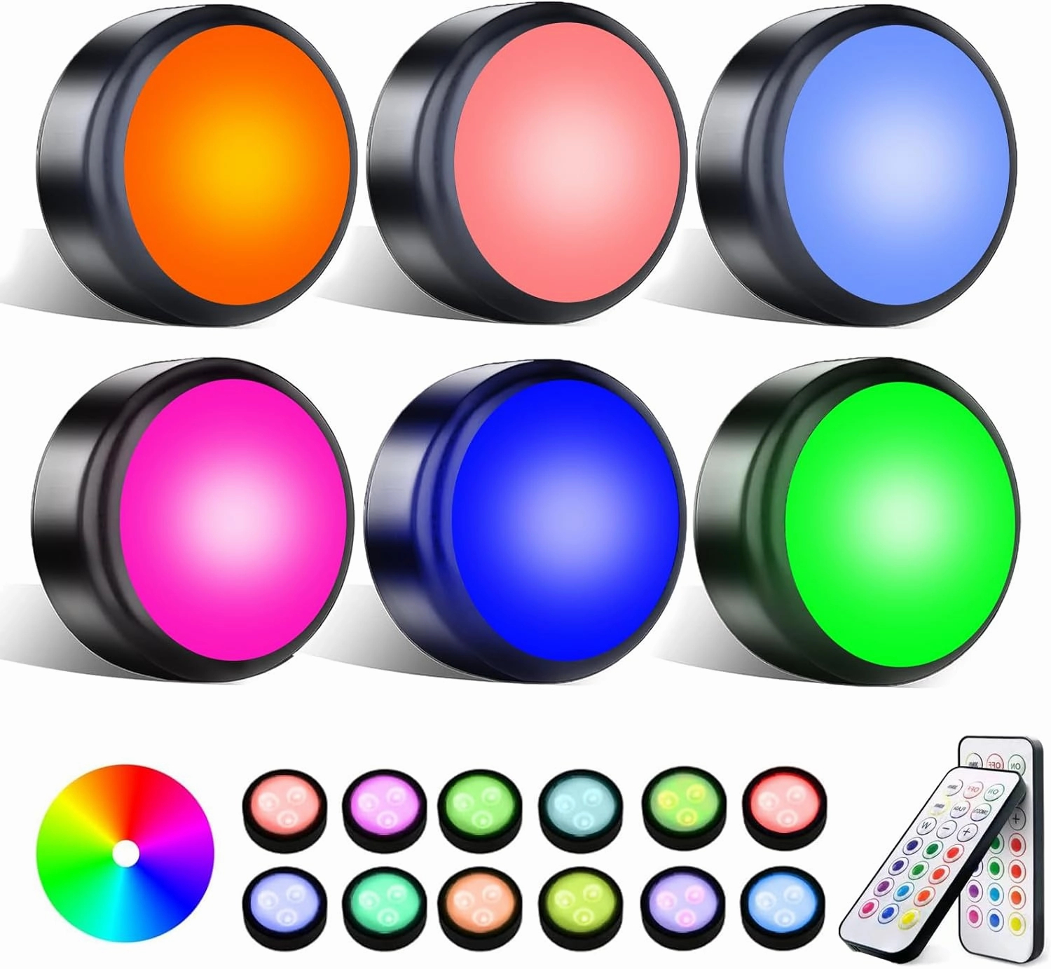 Push Lights with Remote Puck Lighting Battery Operated Tap Lights Button Stick On Color Changing Led Lights 6 Pack (6p Black)