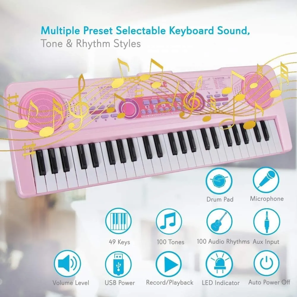 PYLE-PRO Electric Musical Keyboard for Kids-Portable 49 Key Electronic Piano & Karaoke Keyboard, Learning Keyboard for Children w/ Microphone and Recording, Built-in Speaker-PKBRD4911PK (Pink)