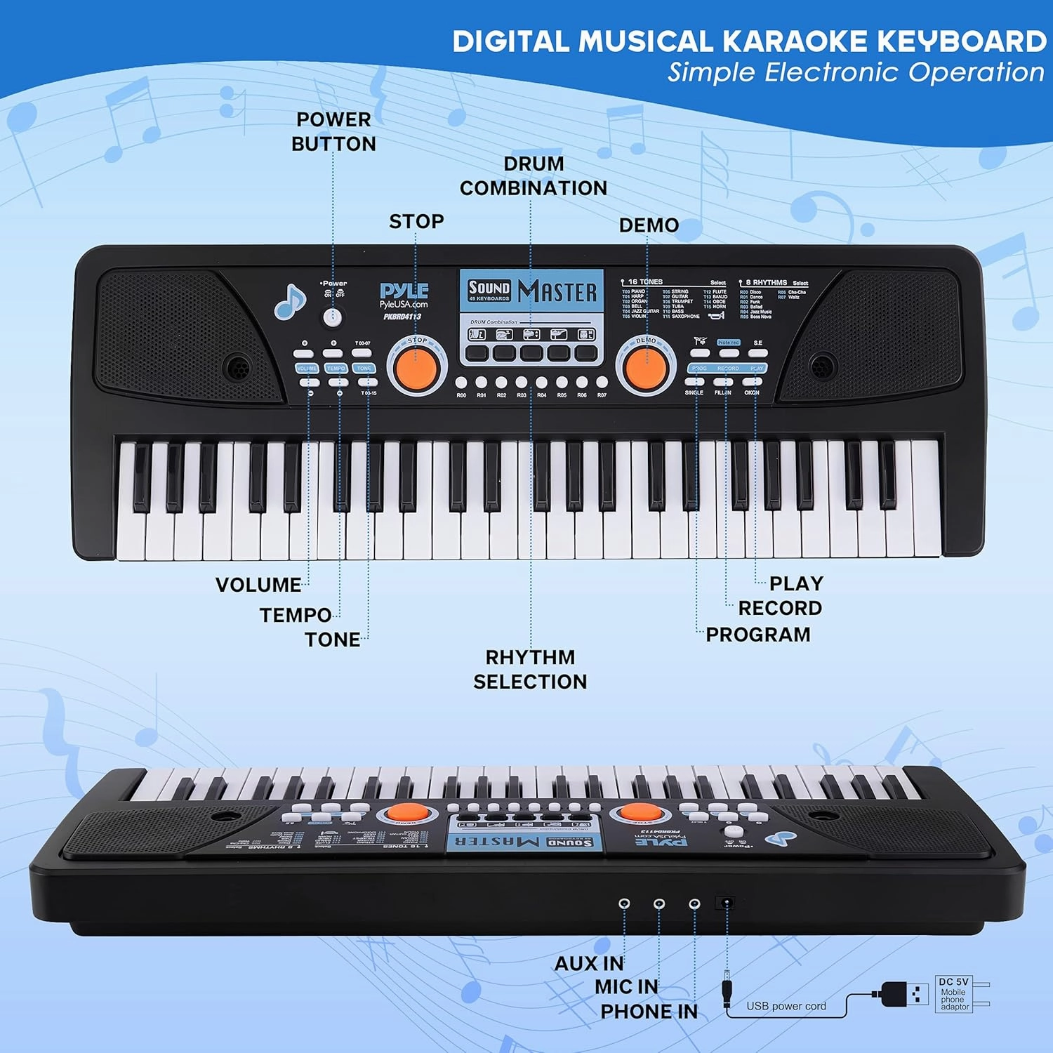 Pyle, Electric 49 Keys-Portable Digital Musical Karaoke Piano Keyboard-8 Rhythms 16 Tones, Stereo Speakers, Rechargeable Battery-Wired Microphone-Beginners Kids Adult PKBRD4113 (PKBRD4113.3)