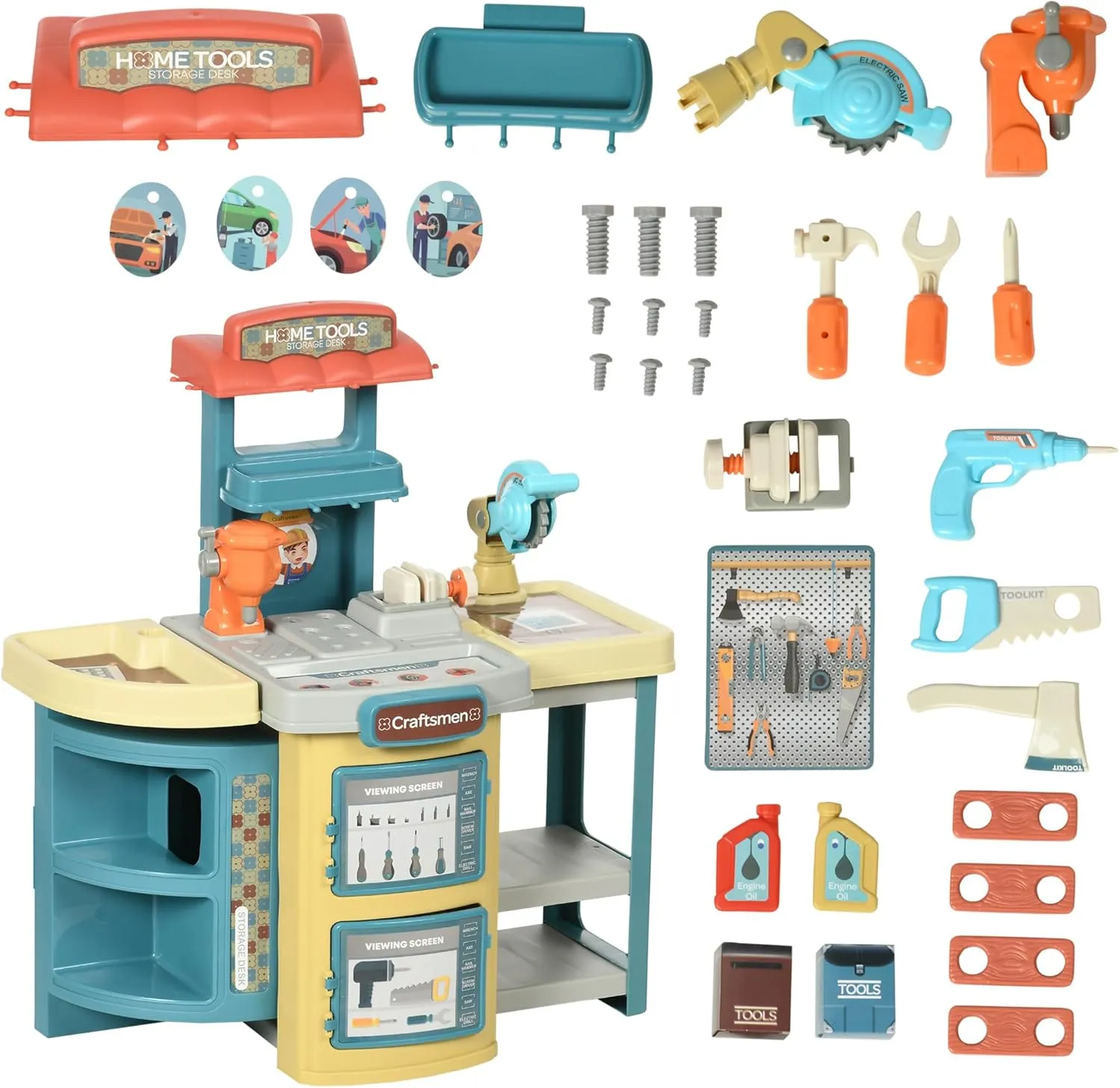 Qaba Kids Tool Set, 47 Pieces Pretend Play Kids Workbench, Toddler Tool Bench & Trolley for Children, Gift for Boys and Girls Aged 3-6 Years Old